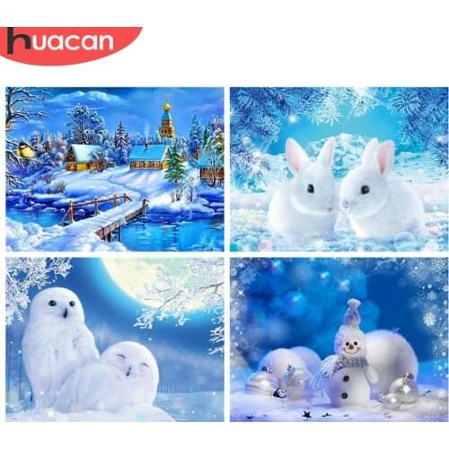 HUACAN Full Drill Square Diamond Painting Landscape Diamond Embroidery Winter Rabbit Owl Picture Of Rhinestone Christmas Decor