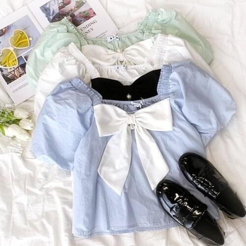 Sweet Bow Japanese Girl Puff Sleeve Summer Square Neck Slim Short Sleeve Shirt