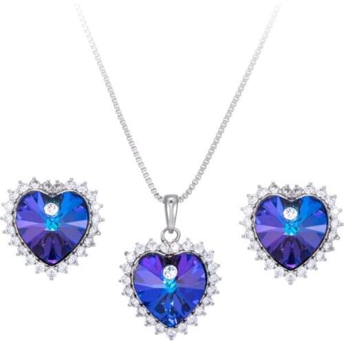 Megin D 925 Sterling Silver Blue Heart Crystal Luxury Zircon Pendant Colllar Chains Necklace Stud Earrings Jewelry Set for Women