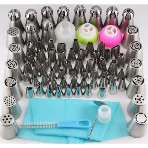 Mujiang 77Pcs Stainless Steel Russian Nozzles Icing Piping Pastry Tips Cake Decorating Tools 2Pcs Silicone Bag 4 Coupler 1 Brush