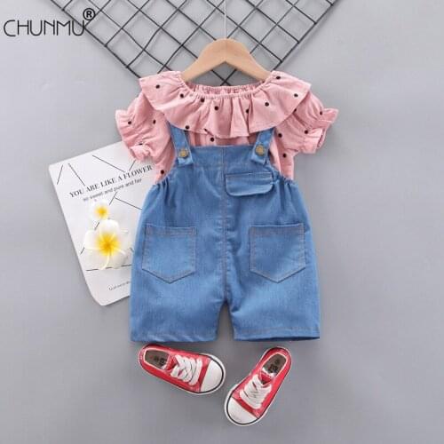 Summer New Baby Short Sleeve Clothing Girls Cotton Tracksuit Dots Printing Top + Overalls For Toddler Children Casual Clothing