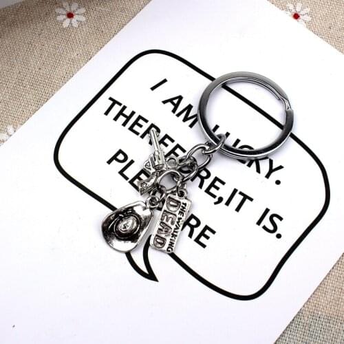New Fashion Keychain The Walking Dead Pendants DIY Men Jewelry Key Chain Ring Holder Souvenir For Gift Revolver And Cowboy Hat
