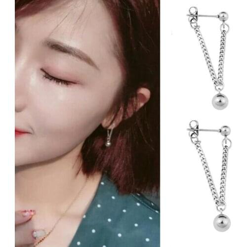 New Women Stainless Steel Stud Earring Round Beads Chain Tassel Pendant Ear Clip Grunge Punk Girls Earrings Party Birthday Gifts