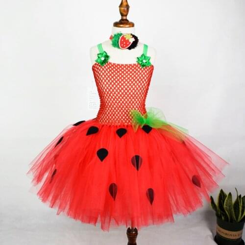 Girls Strawberry Tutu Dress Baby Girl First Birthday Party Dresses Friut Birthday Strawberry Outfit Kids Halloween Costume 0-12Y