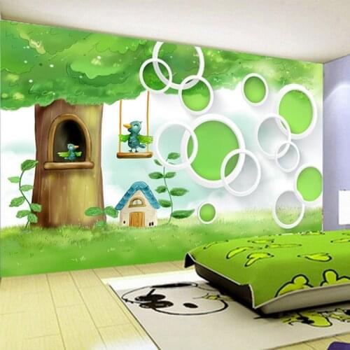 Custom Photo Wall Paper 3D Cartoon Children Green Tree Birds Mural Wallpaper Kids Bedroom Eco-Friendly Non-Woven Papel De Parede