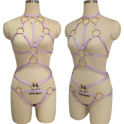 Fetish purple O-Ring Body Harness Bdsm Bondage High Waist Garter Belt Set Elastic Strap Lingerie Harajuku Goth Halloween dance