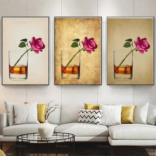Whiskey Poster,Vintage Bar Art,Rose Print Canvas,Flower Decor Scotch Bourbon Feminine Home Decor， Alcohol For Women Unique Gift