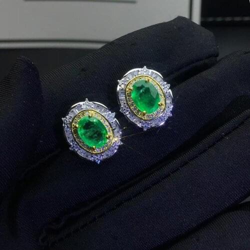 Green emerald gemstone stud earring for women silver jewelry real natural gem good color birthday party banquet gift shiny fine