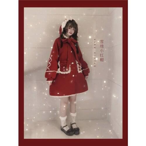 Super Cute Winter Womens Hooded Long Coat Warm Thicken Jacket Long Sleeve Lace Bow Trim Loose Outwear Big Sleeve Red