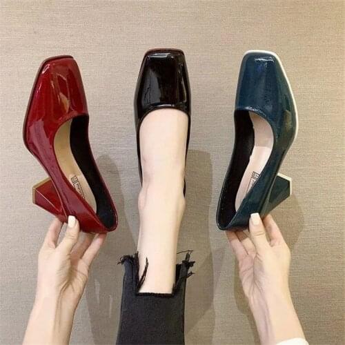 Retro Sexy Red Party Pumps Women Fashion Designer Candy Color High Heels Ladies Patent Leather Square Toe Mules Shoes Summer New