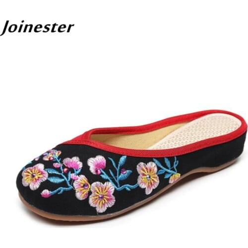 Ethnic Embroider Slippers for Women Summer Vintage Shoes Ladies Leisure Canvas Slides Backless Sandal for Female chaussure femme