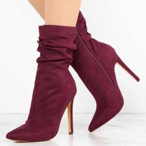 Womens Red Wine Stiletto Boots Fashion Suede Pointy Toe Zipper Ankle Boots High Heeled Stretch Winter Short Boots Customized