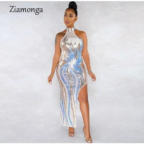Ziamonga Sexy Woman Sequin Dress Silver Black Maxi Dress Bodycon Halter Sleeveless Mesh Stretchy Party Dress High Split Clubwear