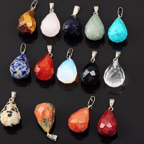 12pcs/lot Water Drop Real Natural Quartz Crystal Gem Stone Oynx Unakite Faceted Teardrop Slide Pendants Fittness European Charms