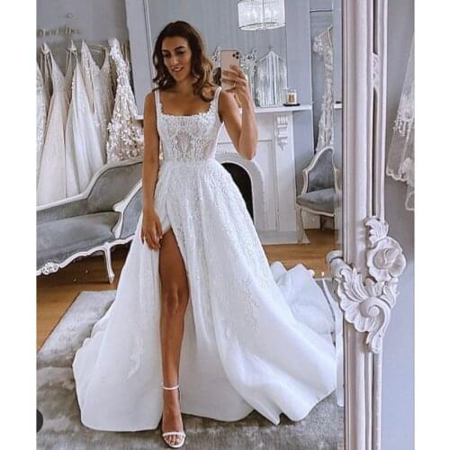 White Applique Lace Wedding Dresses Sexy High Split Open Backless Spaghetti Straps Bohemian Bridal Gowns A Line Vestido De Noiva