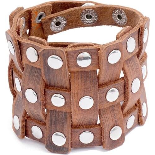 Punk Fashion Wide Genuine Leather Cuff Bracelet for Men Women Braided Charms Wrap Bangle Biker Casual Wristbands Vintage Jewelry