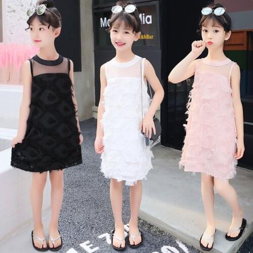 Dress For Girl Childrens Summer Sweet O-Neck Back -Tie Sleeveless Feather Dress Kids Black Fashion Clothing Child Clothes Girls
