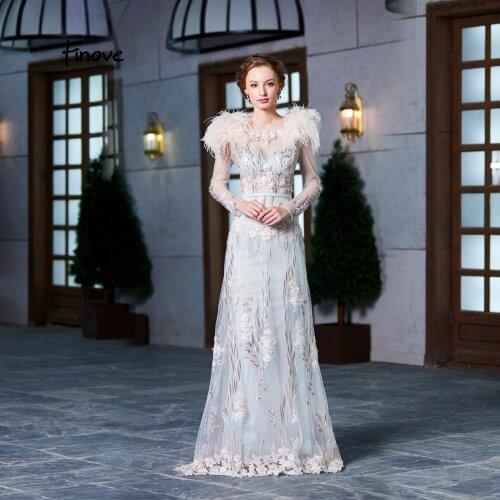 Finove Prom Dress Long 2020 vestido de fiesta Sexy Cut Out Back Full Long Sleeves Appliques Floor Length Formal Party Dresses