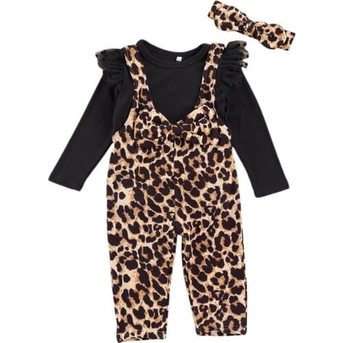 Pudcoco Toddler Girls Wear Set Long Sleeve O-neck Tops with Lace + Leopard Print Suspender Trousers + Bow-knot Headband 1-5Y