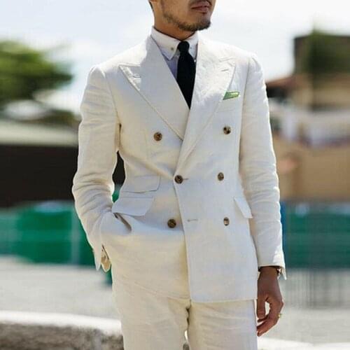 Cream Linen Slim Fit Casual Summer Mens Suits Double Breasted 2 Pieces Wedding Blazer with Pants Wide Peak Lapel Groom Tuxedos