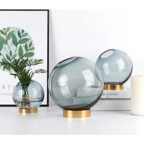 Nordic Style Golden Metal Rim Round Spherical Glass Vase Home Soft Decoration Tabletop Hydroponic Flower Ornament