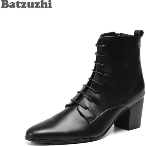 Batzuzhi Cowboy Boots Men High Heels 6.8cm Black Soft Leather Ankle Boots Thick Heels Men Shoes Zapatos Hombre Lace Up Man Boots