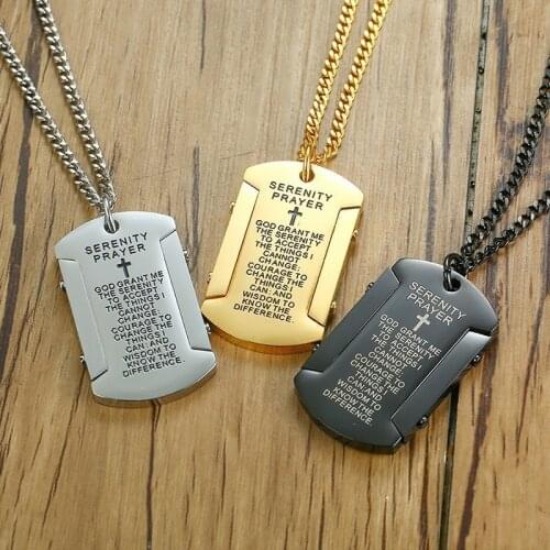 Mens Prayer Necklace with "God grant me the serenity" Stainless Steel Dog Tag Pendant Religious Male Collar Free Chain 24"