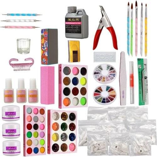 Nail Art Set Acrylic Glitter Powder Liquid Glue French False Nail Tips File dotting pen brush pen