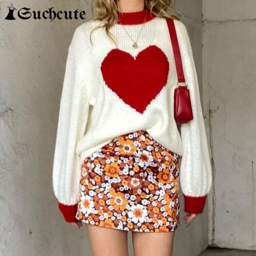SUCHCUTE Heart Printing Kawaii Clothes Women Long Sleeve Sweater Y2K Aesthetic Casual Streetwear Sweaters Winter Sweatshirt