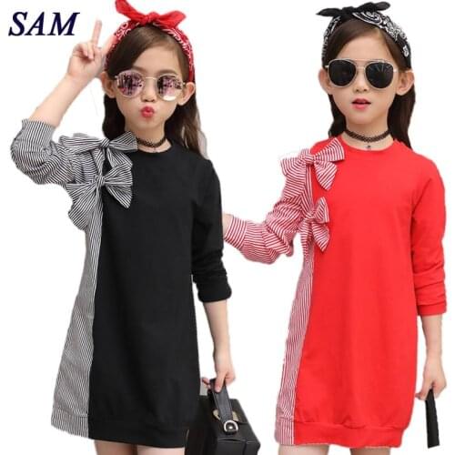 2020 Autumn Fashion Big Girls Dress Childrens Bow Tie Stitching Striped Shirt Long Sleeve Dresses Kids Cute Clothes