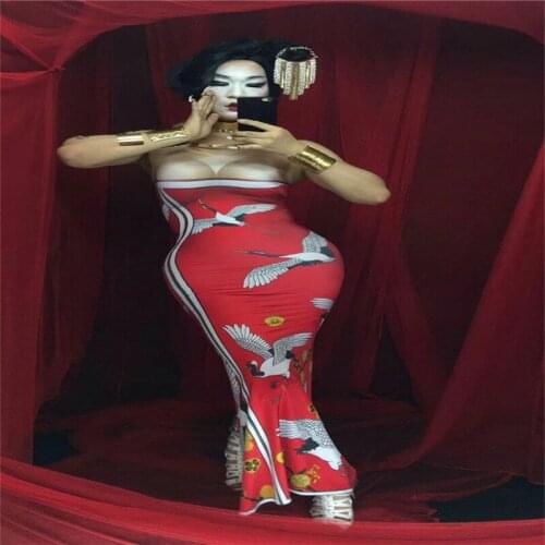 R30 Singer sexy long dress ballroom dance costumes party red hips skirt female printed bodysuit dj bar outfits disco jumpsuit ds
