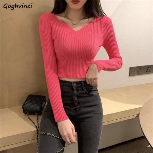 Pullovers Women V-neck Long Sleeve Crop Top Knitted Shaped Autumn New Sweaters Korean Style Fashion Tender Chic Ins Slim Casual