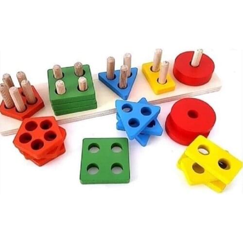 Educational Baby Kids Wooden Wood Toys Wooden Geometric Shapes 5-PIiece Screwing Find-Plug