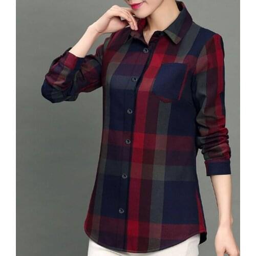 Cotton Plaid Women Shirts Summer New Vintage Turn-Down Collar Long-Sleeved Slim Female Outwear Coats Tops