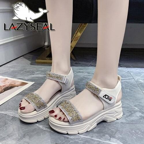LazySeal 6cm Platform Womens Sandals 2021 Fashion Summer Bling Crystals Women Thick Soled Beach Cool Sandal Casual Woman Shoes