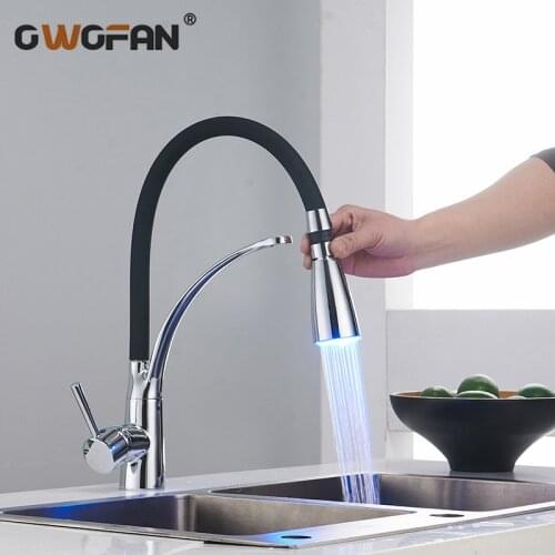 Modern Chrome LED Kitchen Faucets with Rubber 2 Water Modes Faucet Single Handle Pull Down Deck Mounted Sink Mixer Tap DG085