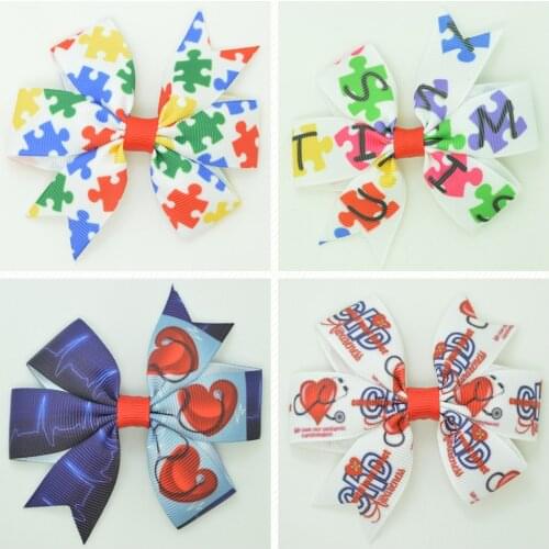 SUPWRF 3.1'' LOVE AUTISM CHD kids hair accessories hair bows With Clip hair ties Printed Ribbon headwear wholesale 20 PCS T0929