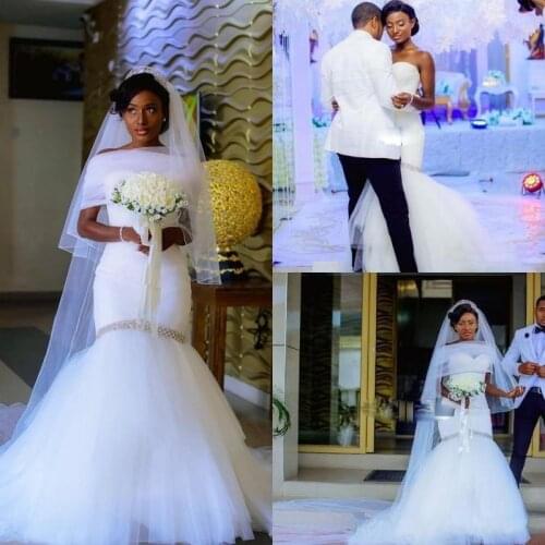 African Long Sleeve High Neck Muslim Wedding Dresses 2021 Plus Size Lace Appliques Satin Mermaid Wedding Pearls Bridal Gowns