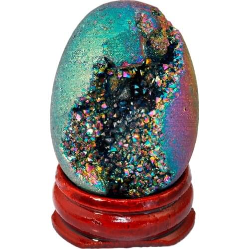 TUMBEELLUWA Rainbow Titanium Coated Druzy Geode Sphere,Crystal Quartz Agate Egg 40x30mm,Sculpture Figurine with Wood Stand