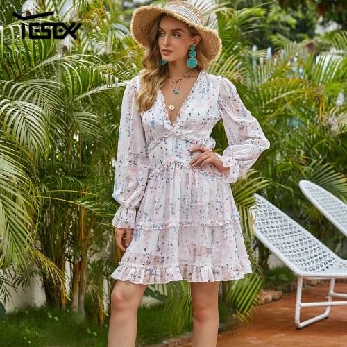 Yesexy 2021 Women Sexy Deep V Neck Long Sleeve Print Dresses Backless Bohemian Beach Dress Ruffles Summer Dress Vestido DM0011-2