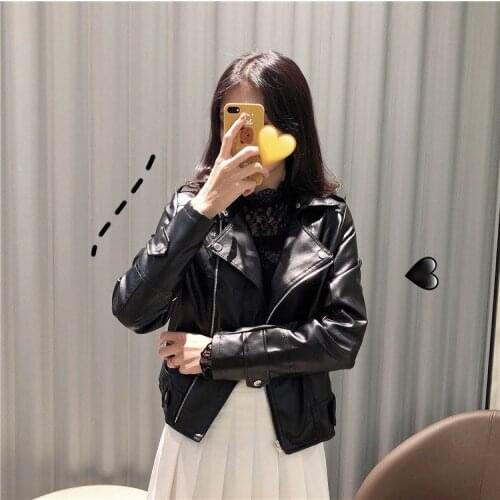 Spring Autumn Women Motorcycle Jacket Female Turndown Collar Long Sleeve Pu Leather Jacket Ladys Black Jacket