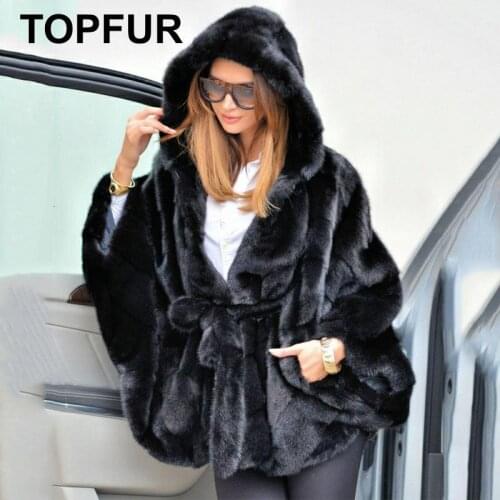 TOPFUR Plus Size Solid Batwing Sleeve Mink Fur Coat Women With Hood Loose Mink Fur Coats Young Ladies Fashion Fur Jackets Short