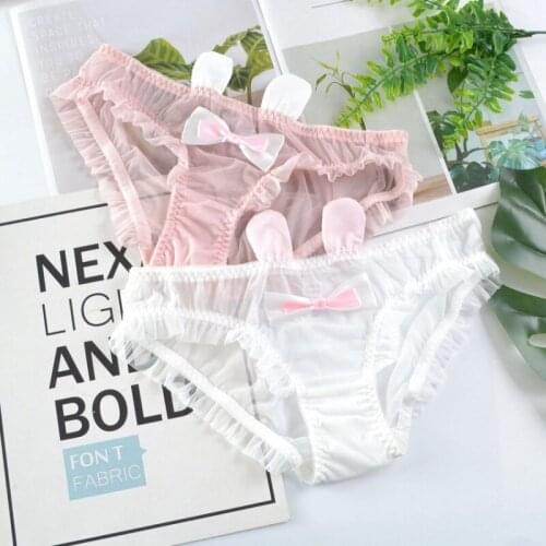 Women Sexy Lace Underwear Hollow Transparent Mesh Breathable Panties Rabbit Ears High Elasticity Female Breifs Japanese Style