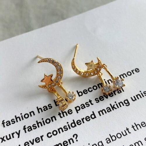 Golden luxury 925 sterling silver zircon star and moon tassel earrings for women simple fashion ins style every day earrings