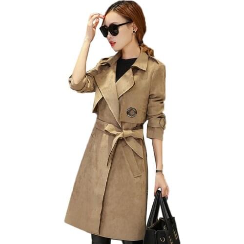 Womens Trench Coat Spring 2020 New Fashion Slim Long Coat Female High Quality Suede Autumn Windbreaker Outerwear With Belt
