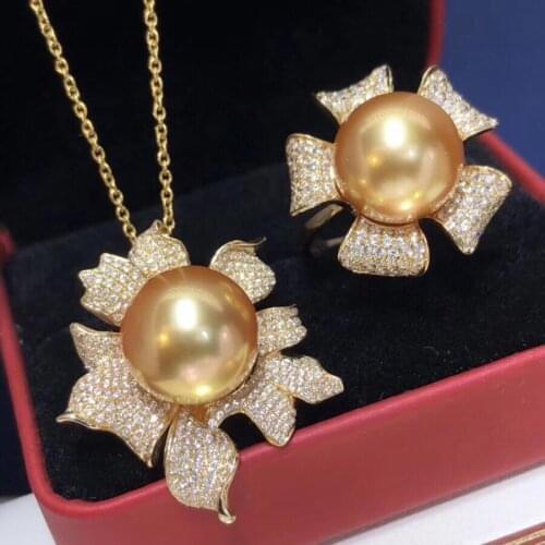 1028 Fine Jewelry 18K Gold Natural Ocean Golden Pearl 11-12mm Females Jewelry Sets for Women FIne Jewelry Sets