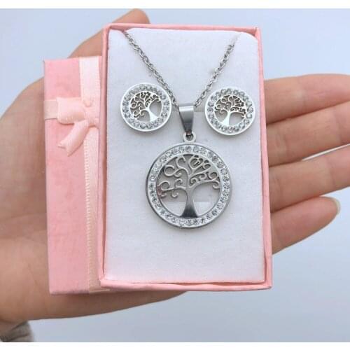 Hot Tree of Life Crystal Round Pendant Necklace With Earrings Silver Color Stainless Steel Jewelry Sets Women Gifts Wholesale