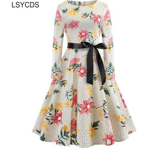 2020 Autumn Winter Dress Women Long Sleeve O Neck A-line Floral Print Dress Elegant Party Big Swing Vintage Dress