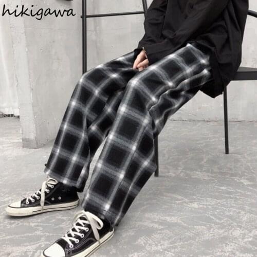 Hikigawa Pants for Women Straight Loose Pantalon Femme Vintage Casual Elastic High Waist Mujer Pantalones Plaid Fashion Trousers