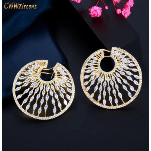 CWWZircons Shiny Fireworks White Cubic Zirconia Large Circle Round Women Wedding Party Earrings Trendy Gold Color Jewelry CZ851